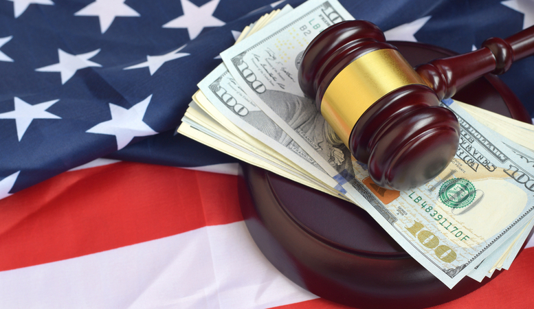 gavel with dollar and the us flag at its bottom