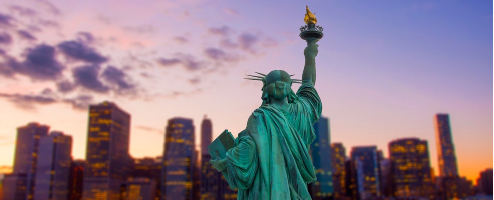 statue of liberty facing the city