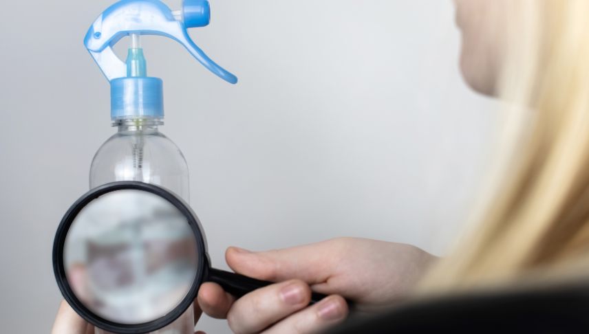 woman examining an alcohol plastic bottle