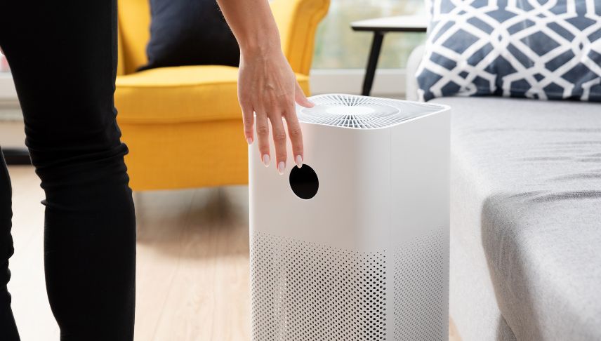woman using air purifier at home