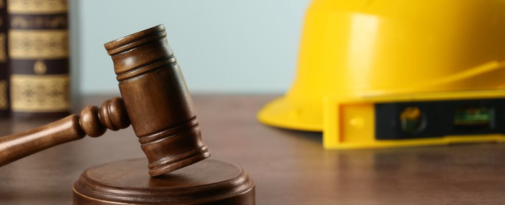 wooden gavel books and helmet on table