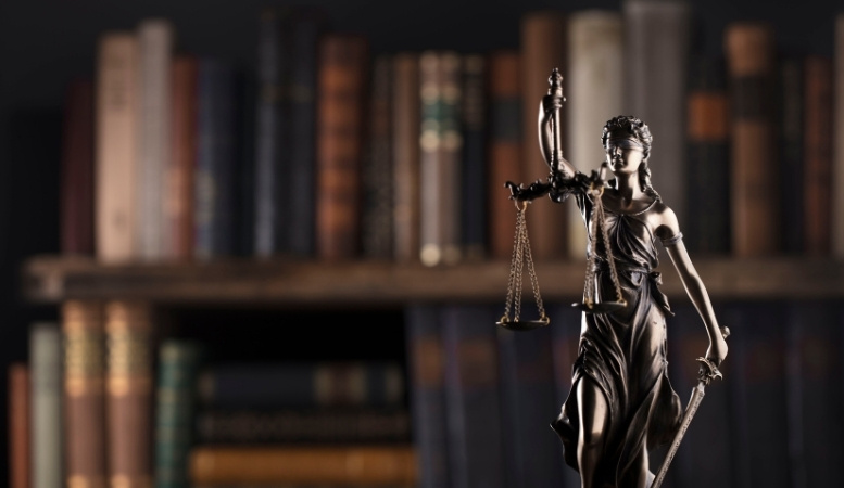 lady justice figurine with bookshelves on its back